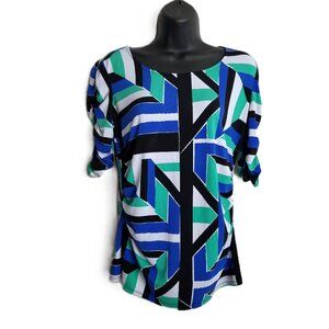Alfani Geometric Print Blouse Size S Blue Green White Black Abstract Modern Chic